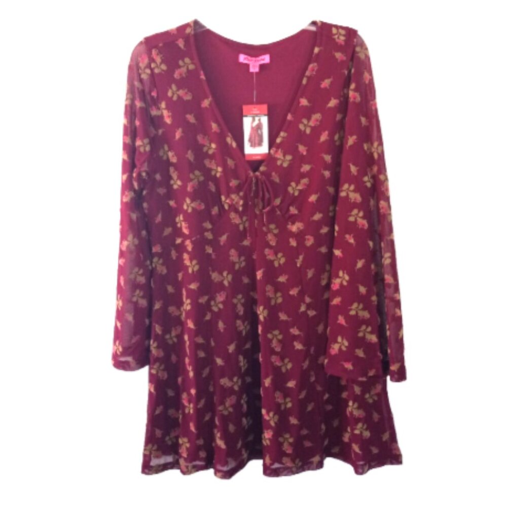 Betsey Johnson Women’s Babydoll Mini Dress XL Burgundy Floral Long Sleeve NWT
